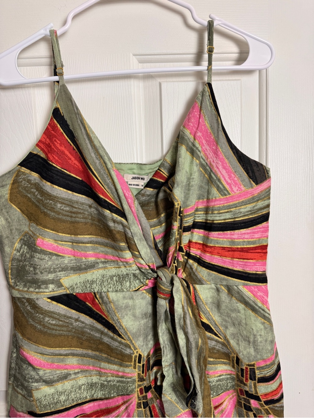 Jason Wu Olive Multicolor Abstract Watercolor Tie-Front Knotted Midi Dress - Picture 6 of 10